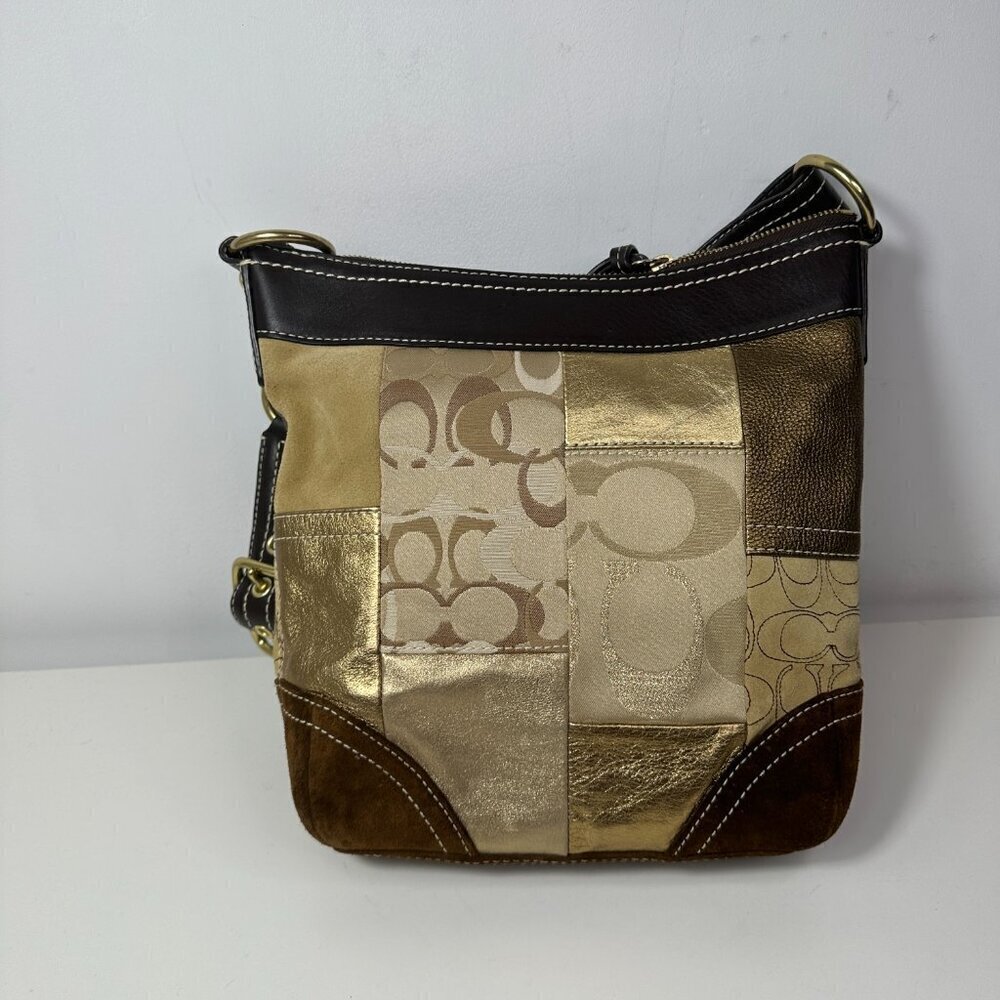 Y2K Vintage Coach Signature Patchwork Gold Medium Shoulder Crosbody Bag F10387 - Picture 9 of 16